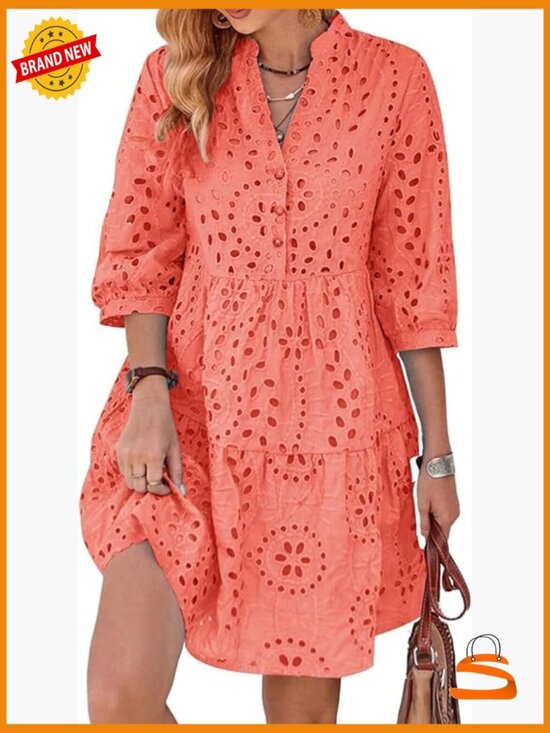 Dresses & Skirts - Eyelet Lace Midi Dress V Neck Puff 3/4 Sleeve Button Tiered A Line Sun Dress